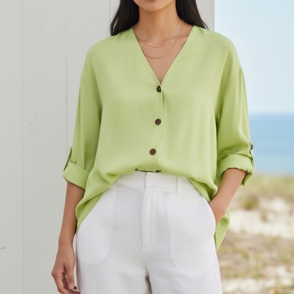 Soft Surroundings Costal V-Neck Button Front Blouse Beachy Large Capsule Relax